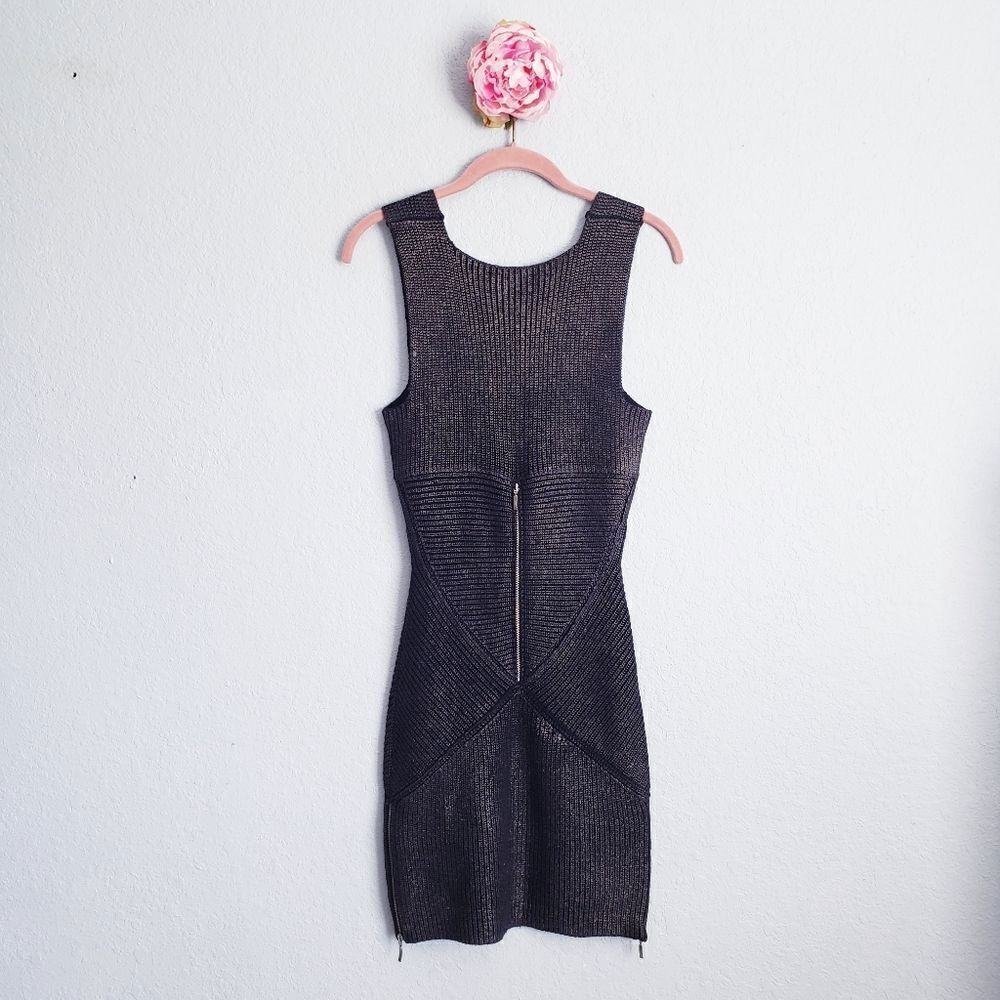 Mara Huffman Black Metallic Knit Ribbed Bodycon Dress with‎ Zipper Details - Picture 8 of 10